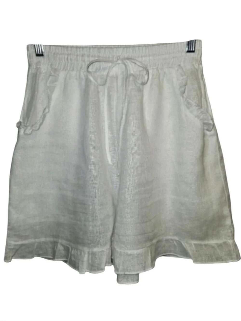 Stark X 100% Linen Shorts Bottoms Medium White Ruffles Pockets Beach Coverup